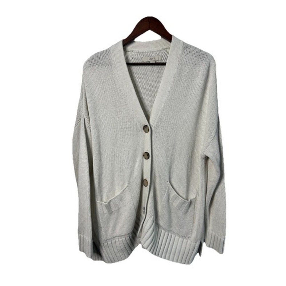 LOFT Women Large Cream White Chunky Knit Oversized V-Neck Button Front Cardigan